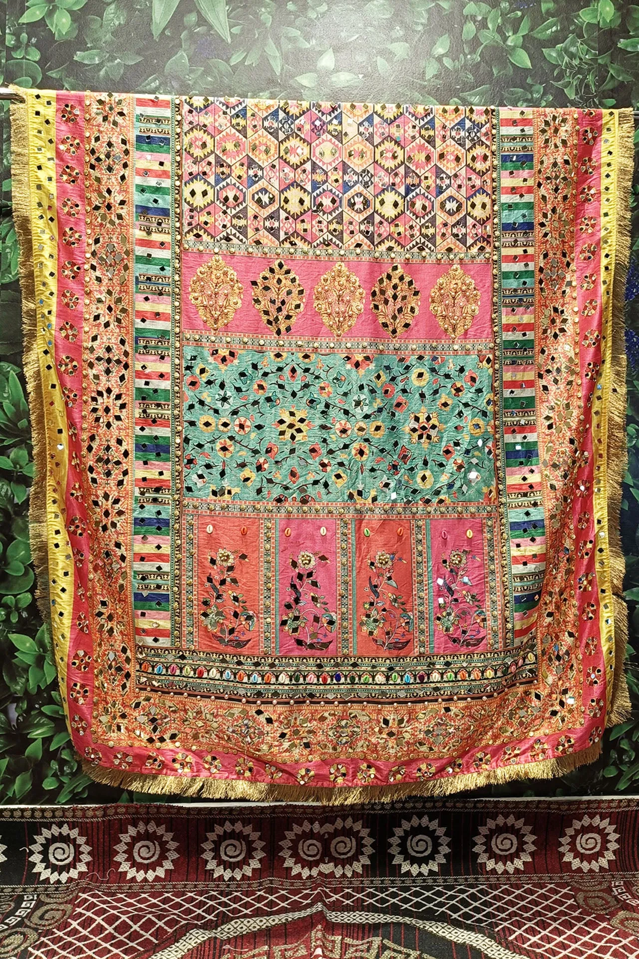 Beautiful Yellow-Multi Color Mirror, Beats & Kodi work Phulkari Dupatta for Women (D115)