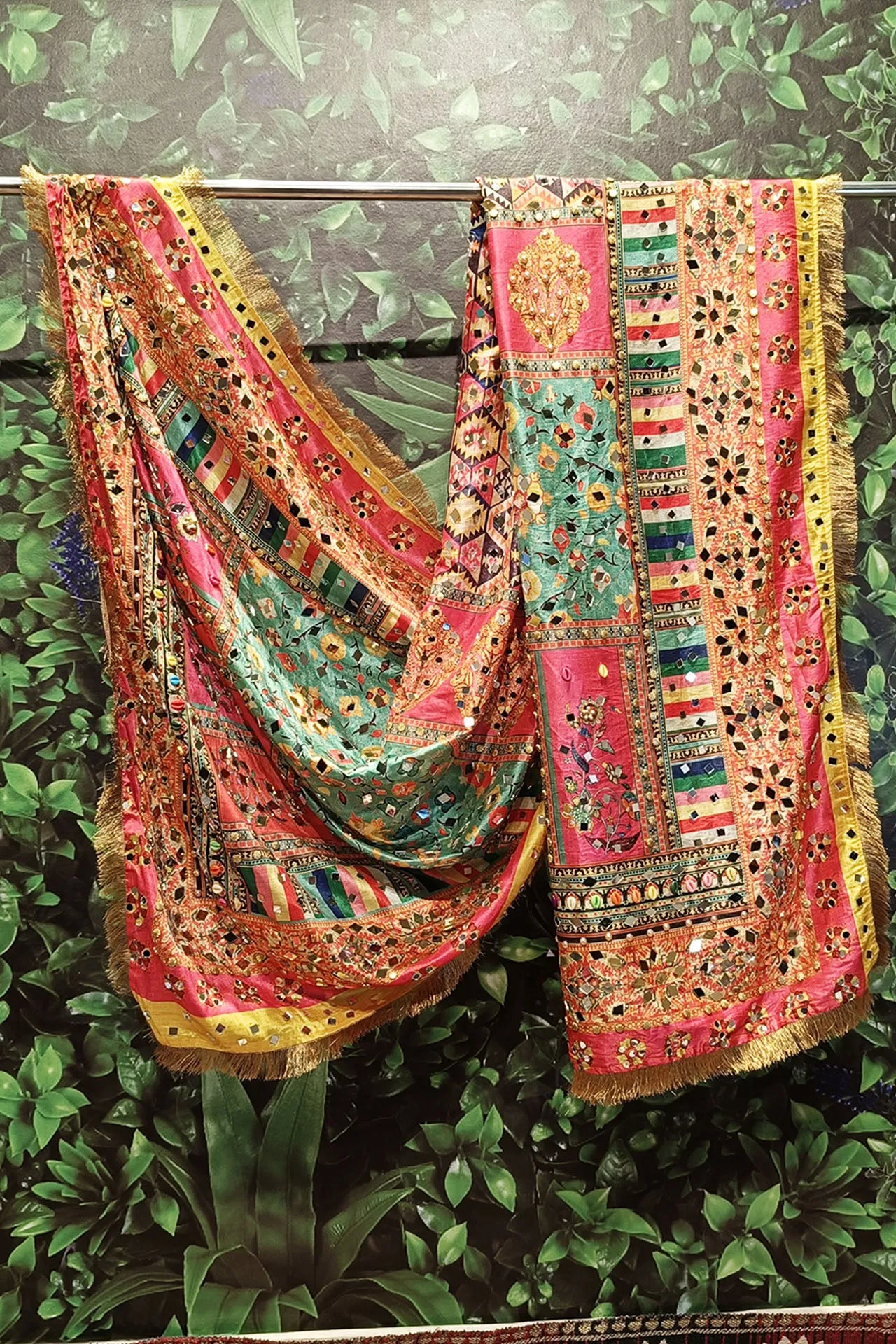 Beautiful Yellow-Multi Color Mirror, Beats & Kodi work Phulkari Dupatta for Women (D115)