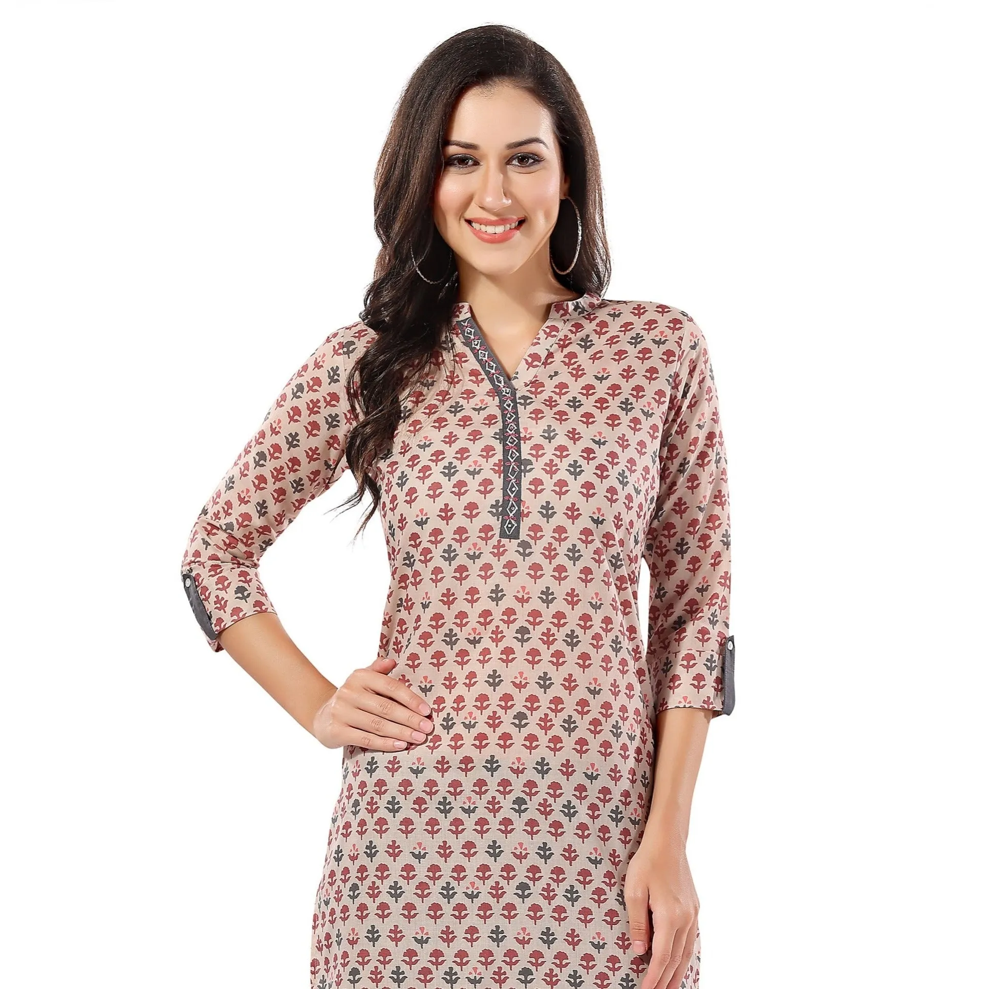 Beige Cotton Printed Long Kurti Tunic for Work Wear (D1100)