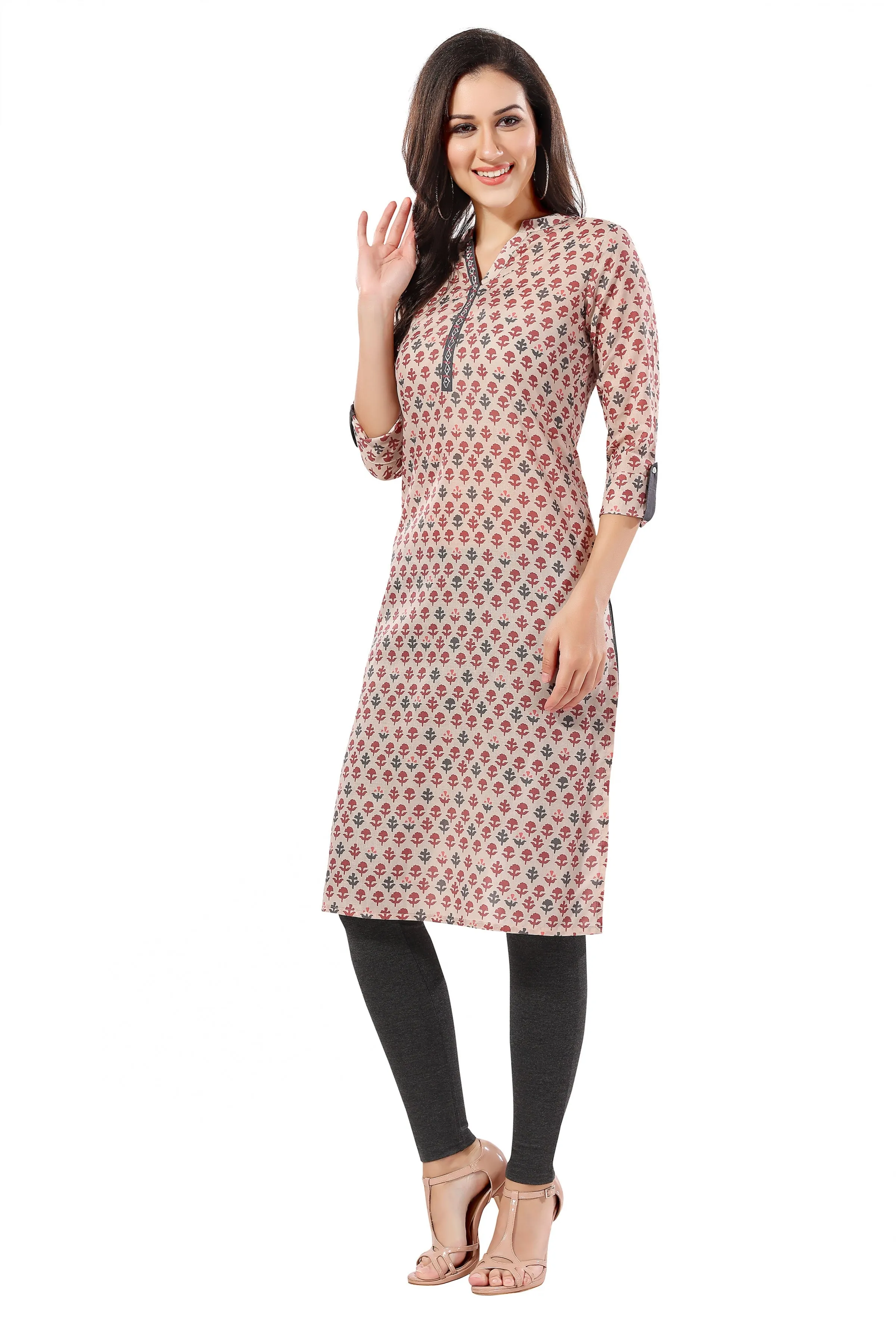 Beige Cotton Printed Long Kurti Tunic for Work Wear (D1100)