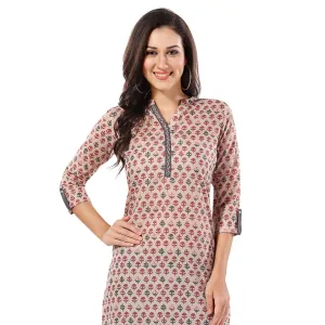 Beige Cotton Printed Long Kurti Tunic for Work Wear (D1100)