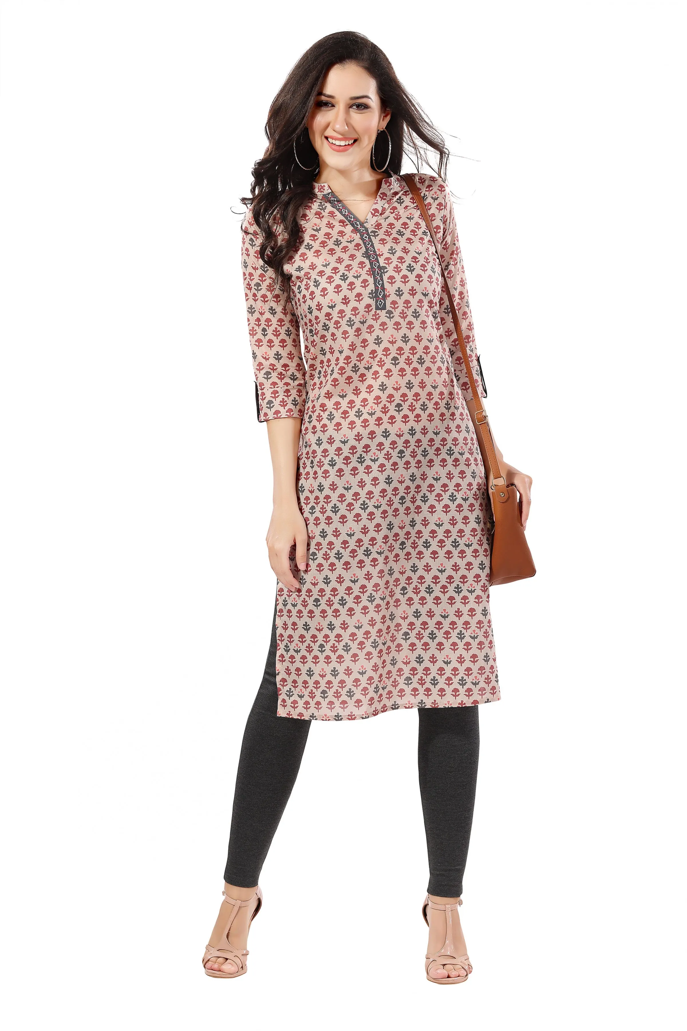 Beige Cotton Printed Long Kurti Tunic for Work Wear (D1100)
