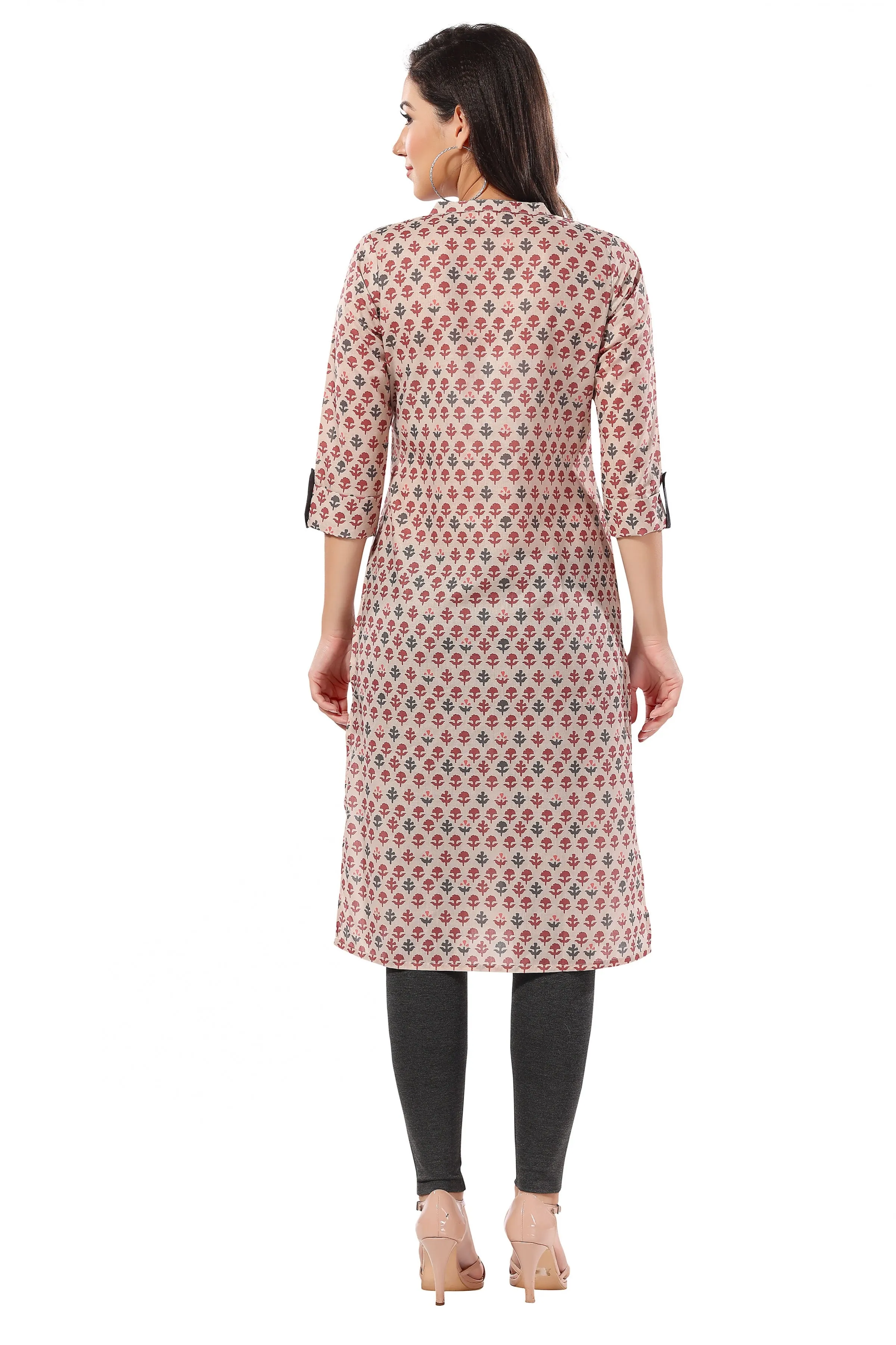 Beige Cotton Printed Long Kurti Tunic for Work Wear (D1100)