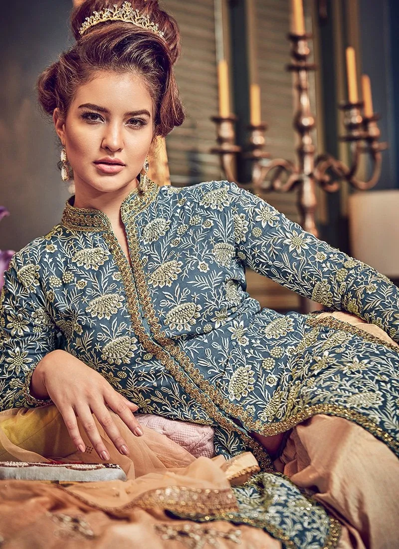 Blue And Peach Butta Embroidered Lehenga Kurti Set
