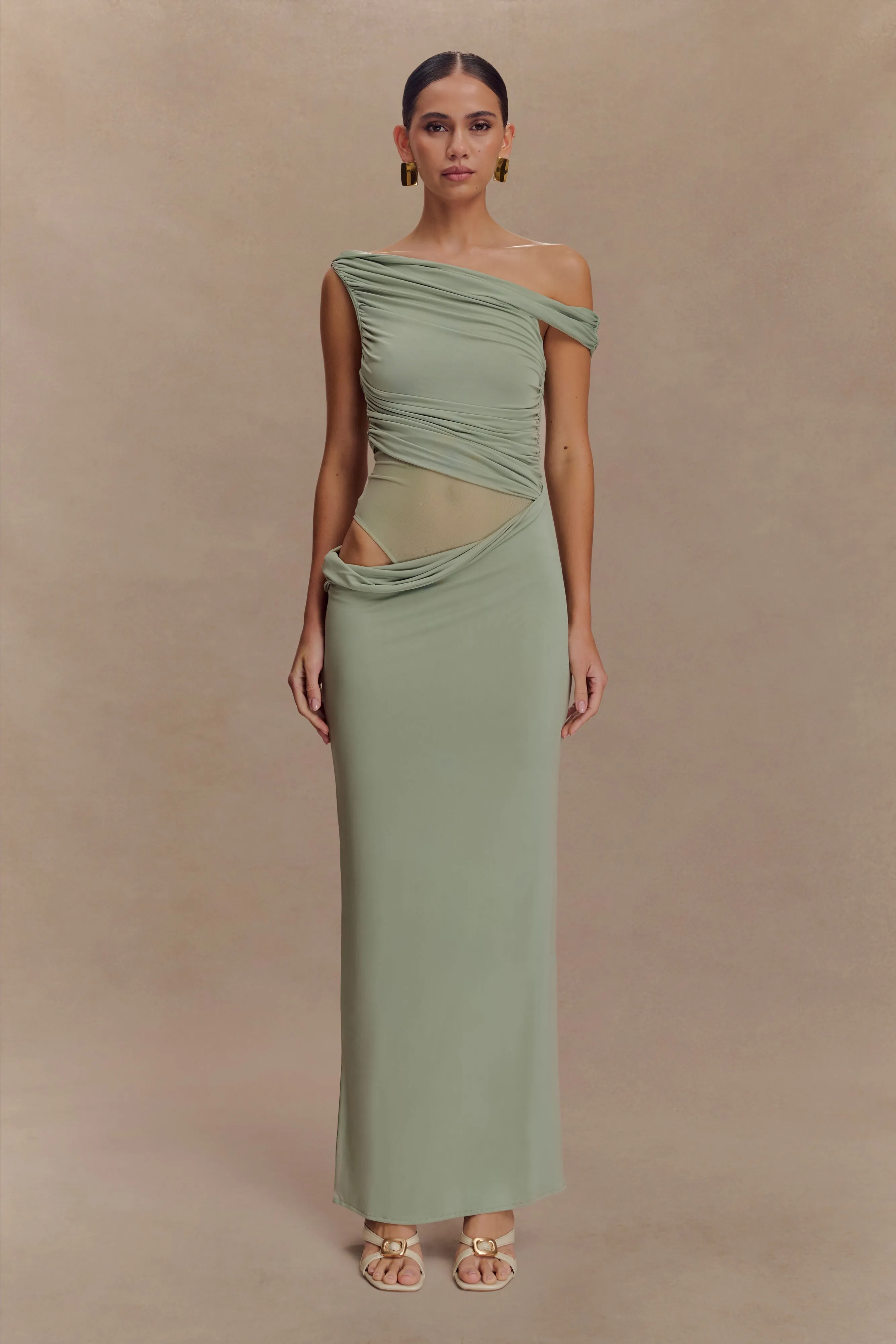 Callen One Shoulder Slinky Maxi Dress - Sage
