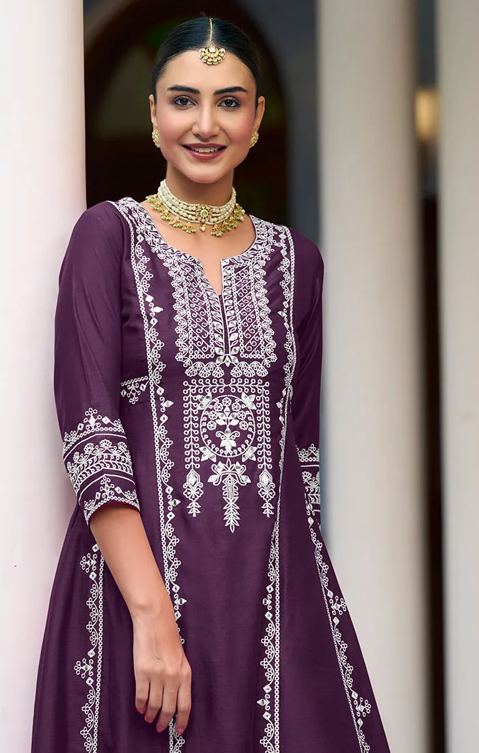 Designer Wine Color Embroidery Work Romani Silk Readymade Suit With Pant (D892)