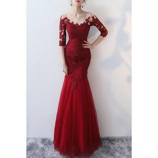 Ketty More Women Elbow Sleeve Slim Fit Lace Embroidery Fishtail Stylish Party Dress-KMWDC4447