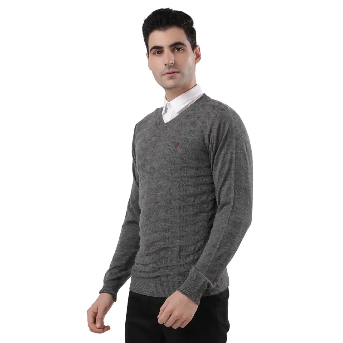 Men Grey Acrylic Wool Blend Full Sleeve V Neck Collar Sweaters