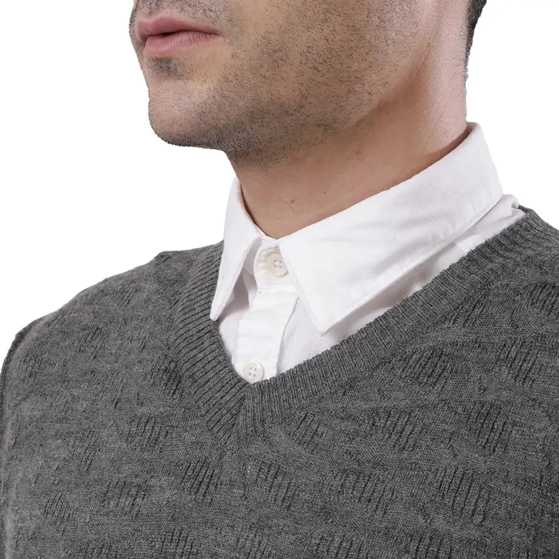 Men Grey Acrylic Wool Blend Full Sleeve V Neck Collar Sweaters