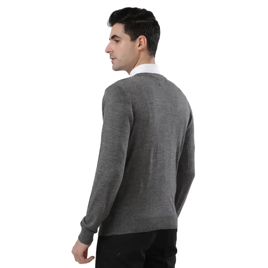 Men Grey Acrylic Wool Blend Full Sleeve V Neck Collar Sweaters