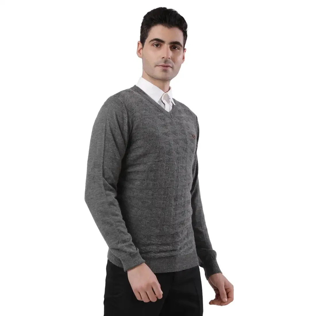 Men Grey Acrylic Wool Blend Full Sleeve V Neck Collar Sweaters