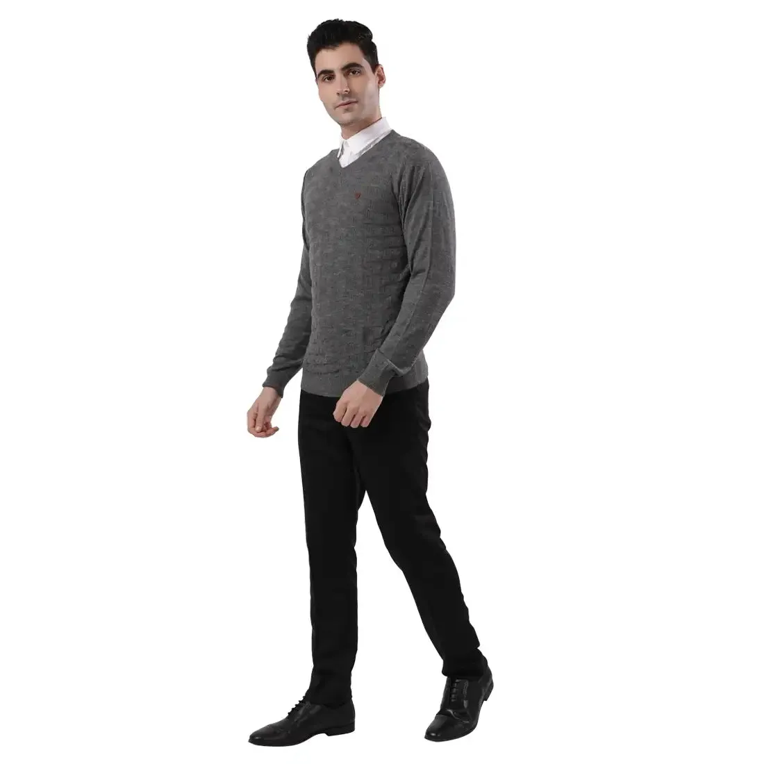 Men Grey Acrylic Wool Blend Full Sleeve V Neck Collar Sweaters