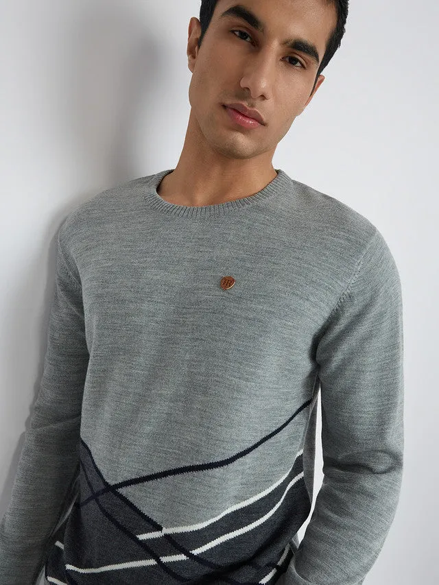 Men Grey Argyle Acrylic Wool Blend Round Collar Sweaters