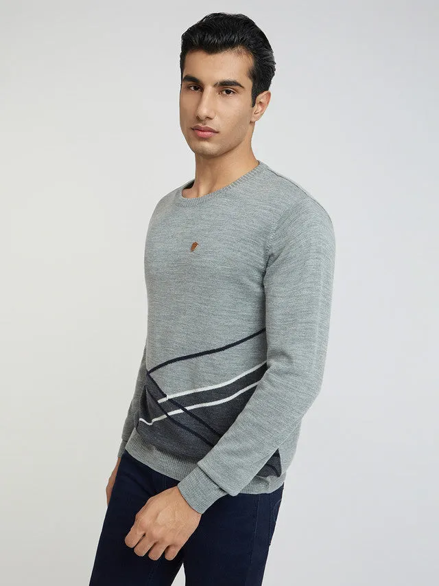 Men Grey Argyle Acrylic Wool Blend Round Collar Sweaters