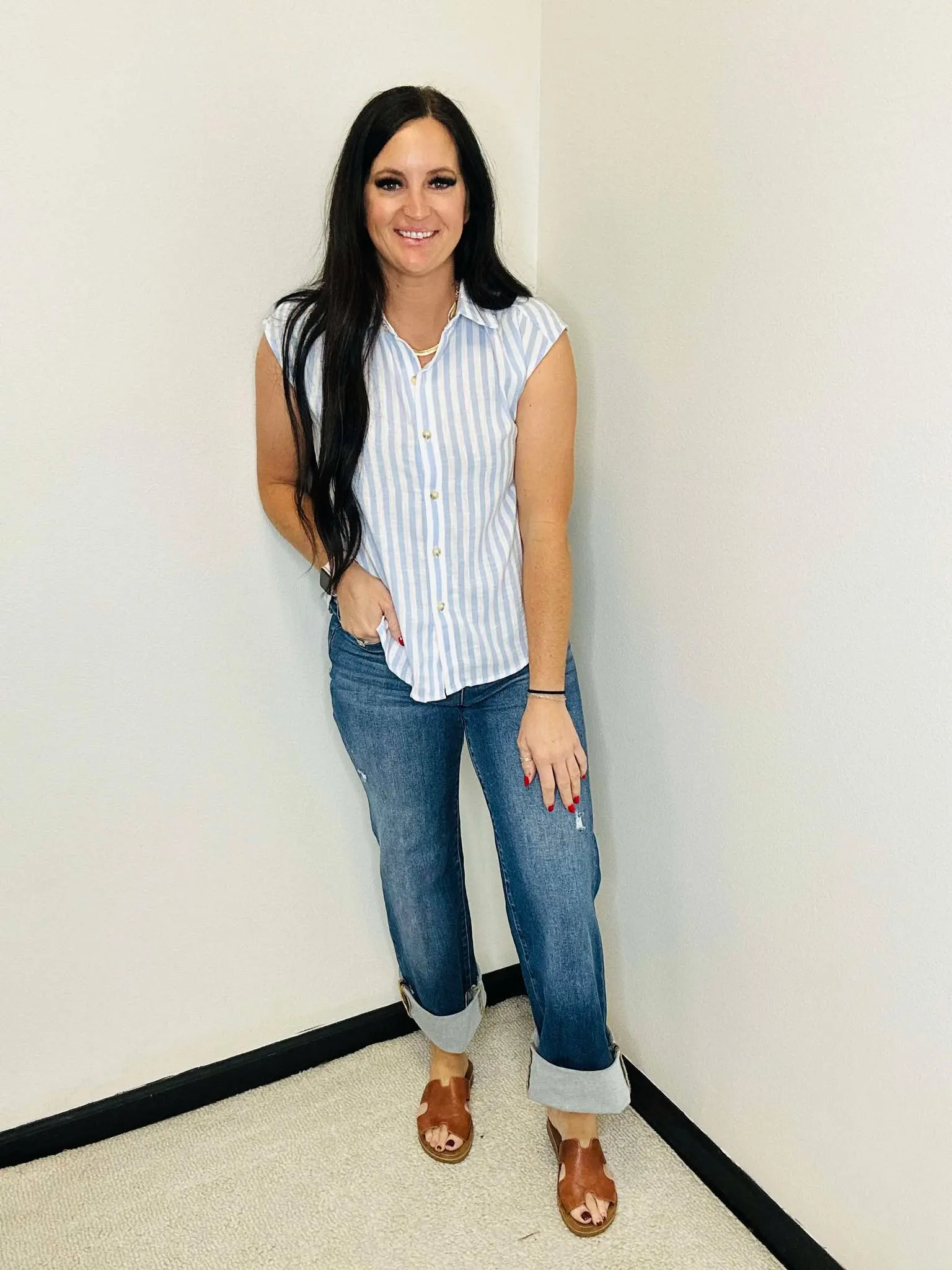 Sarah Striped Button Down Blouse Blue