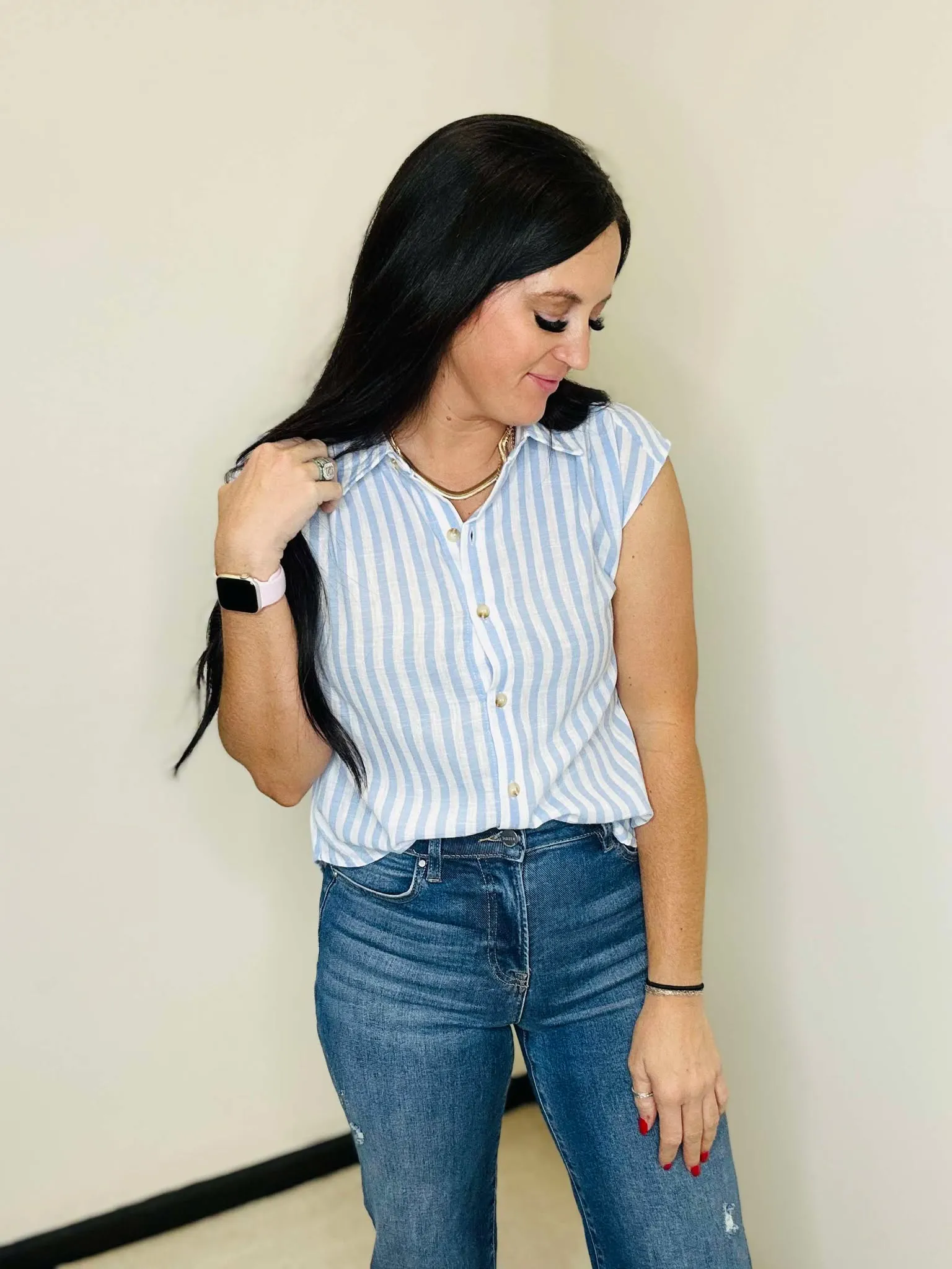 Sarah Striped Button Down Blouse Blue