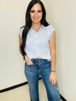 Sarah Striped Button Down Blouse Blue