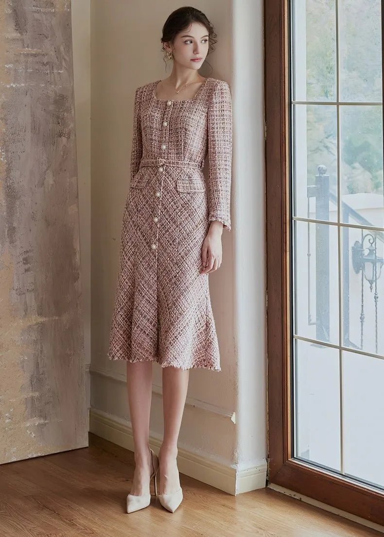 SQUARE TWEED FISHTAIL DRESS