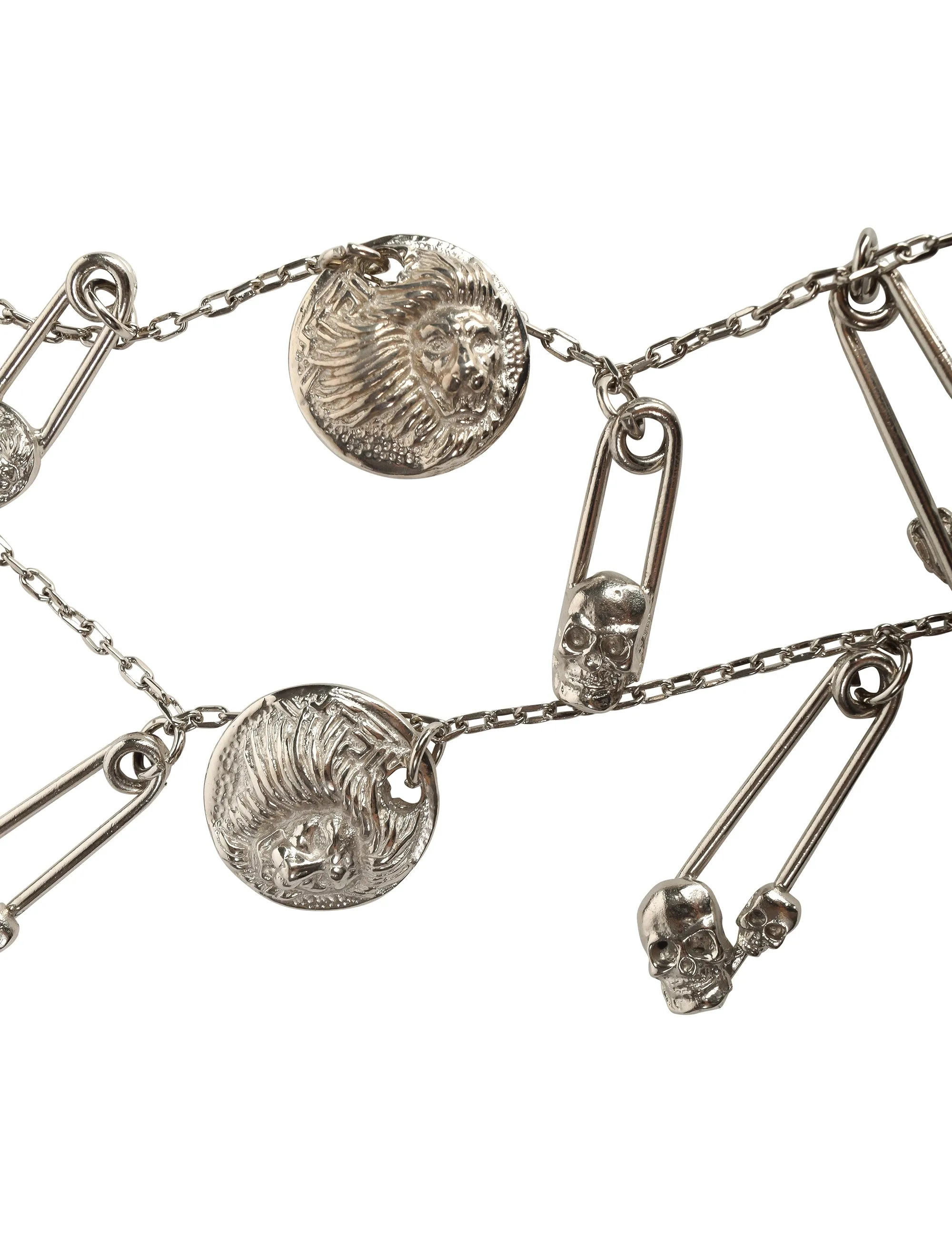 Versus Versace Vintage 1994 Skull and Lion Safety Pin Silver Charm Necklace