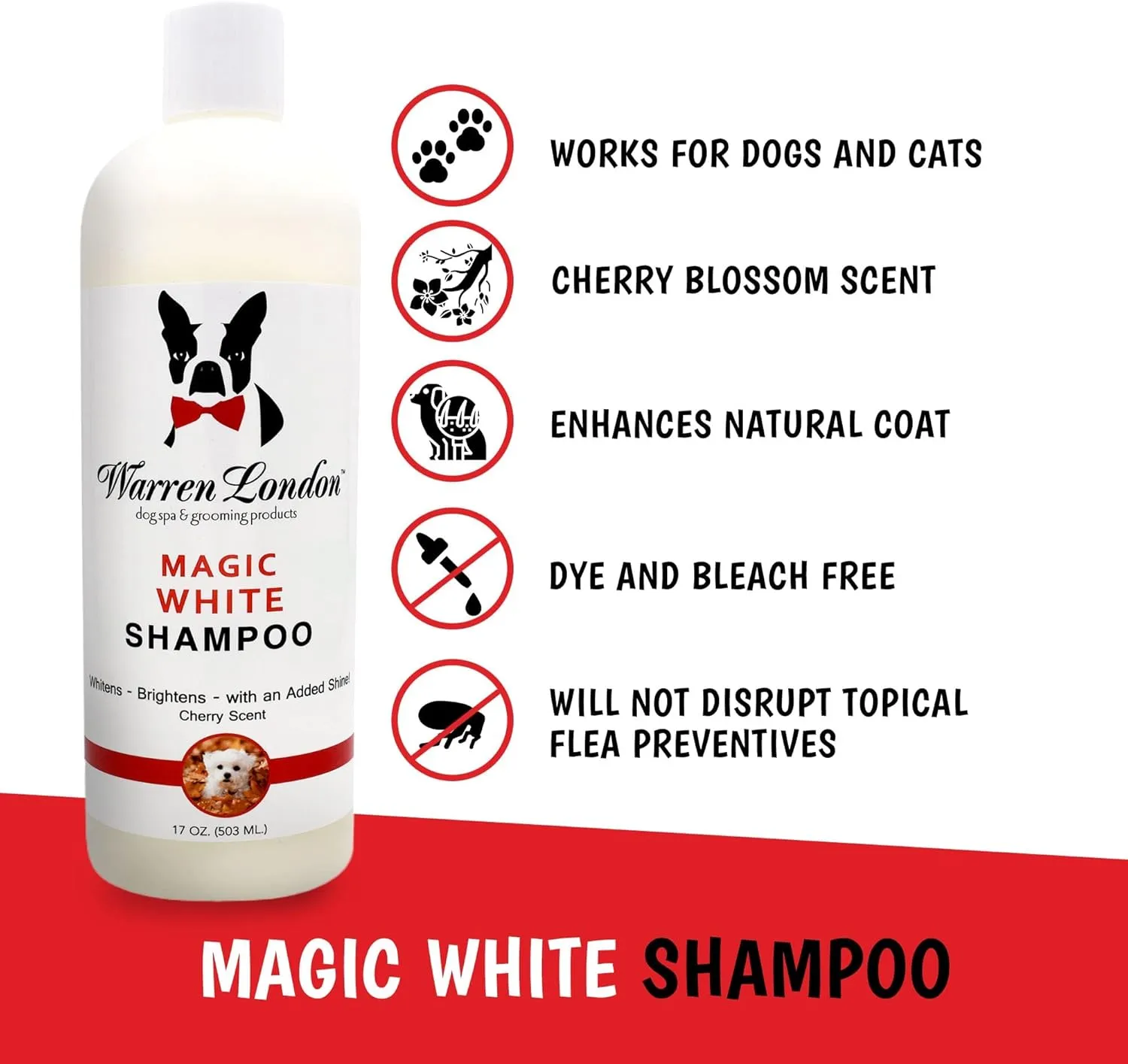 Warren London Magic White Dog Shampoo | Whitening Shampoo for White Dogs & Lighter Dog Coats | Puppy and Cat Safe Grooming Supplies | Cherry Scent | Made in USA | 17oz