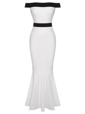 White 1930s Off-Shoulder Fishtail Dress